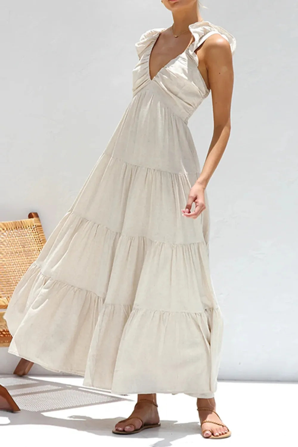 Ruffled V-Neck Tiered Cotton Dress