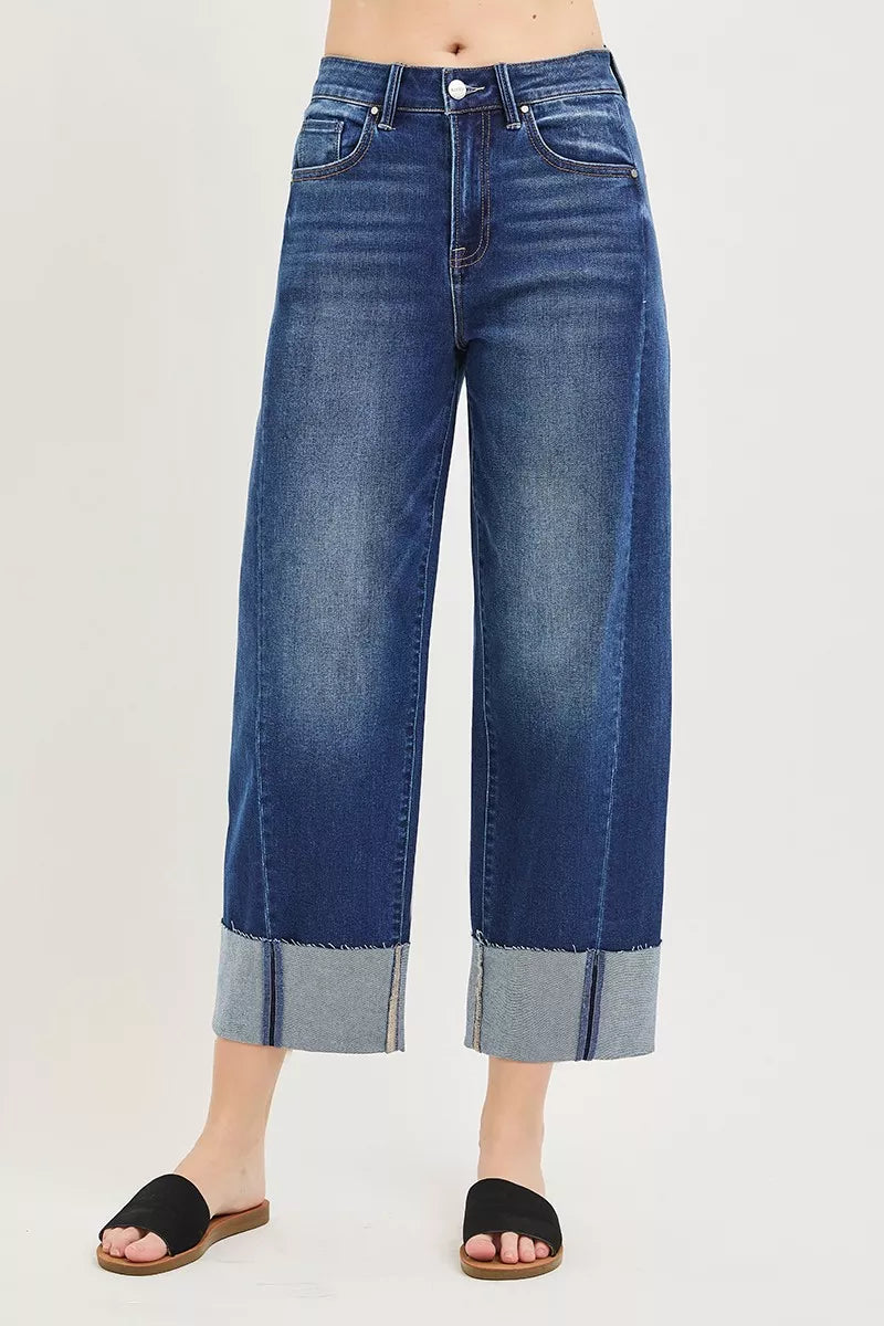 Risen Full Size Slouchy Barrel Cuffed Jeans in Dark