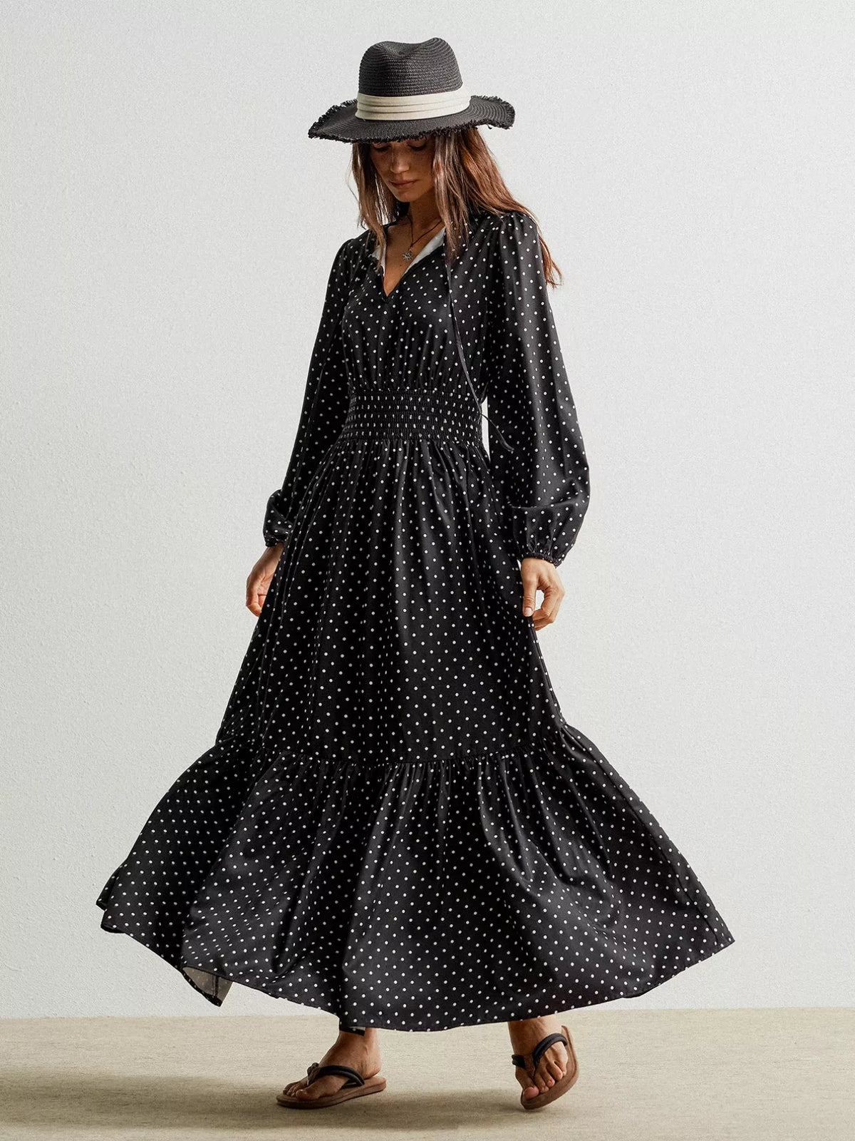 Polka Dot Long Sleeve Maxi Dress in Black