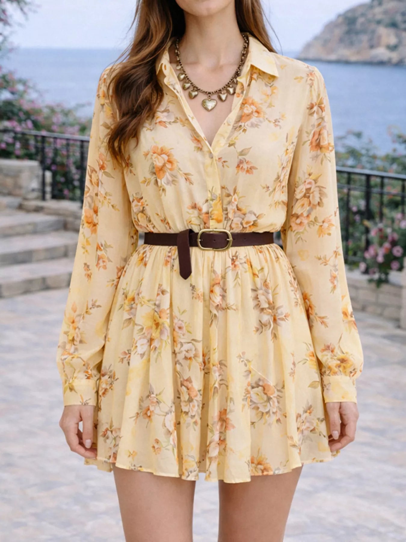 Floral Print Long Sleeve Shirt Dress