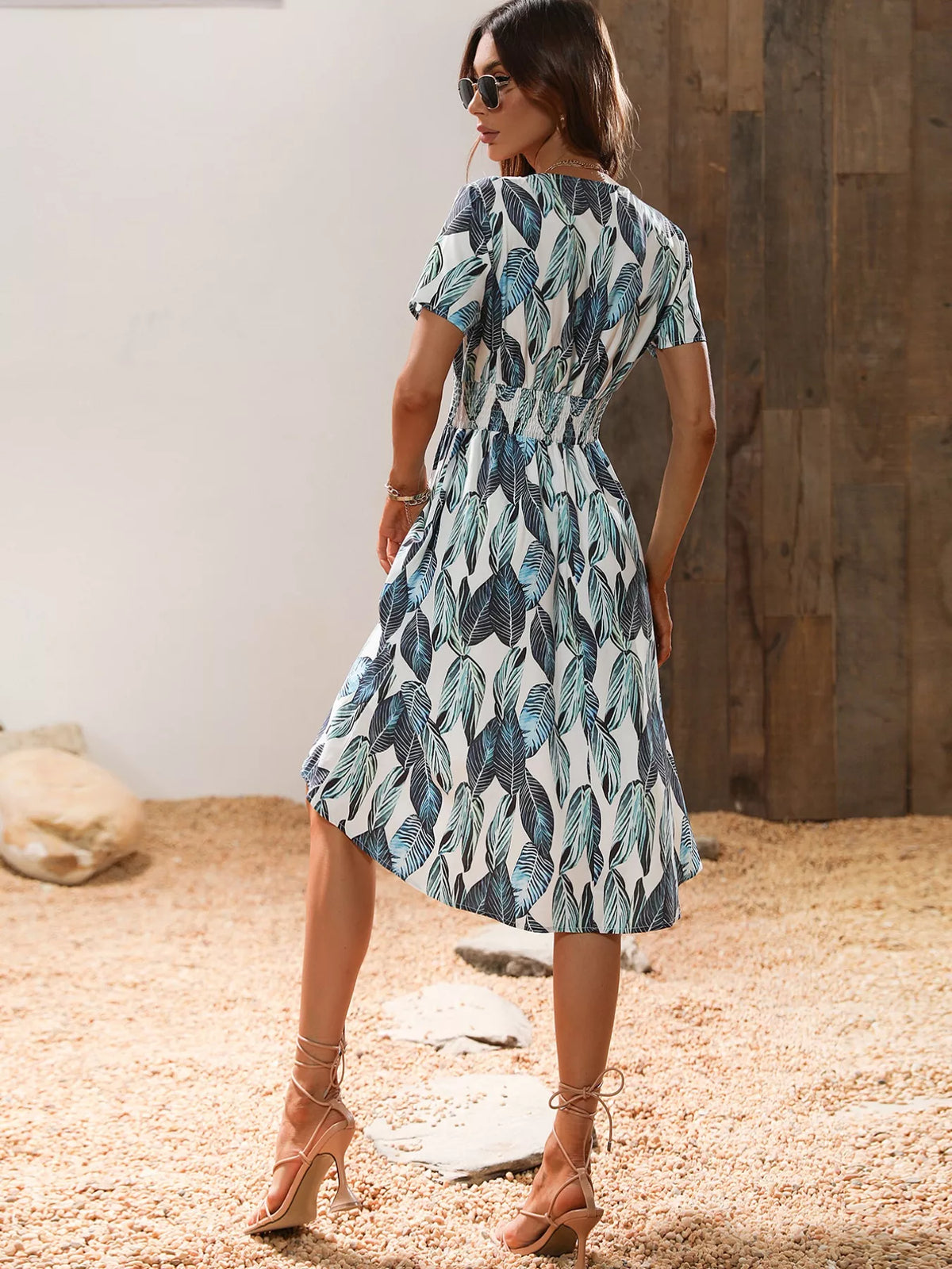 Smocked Printed Short-Sleeve Midi Dress
