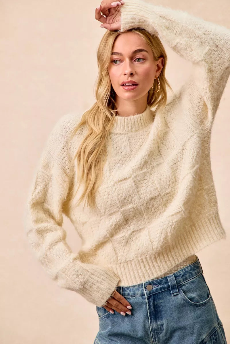 Checkerboard Drop Shoulder Sweater in Ivory by BiBi