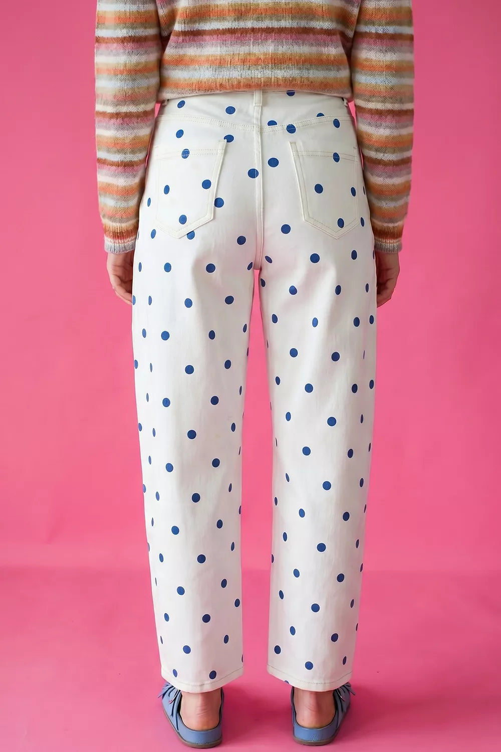 Polka Dot Wide-Leg Jeans in Light Blue