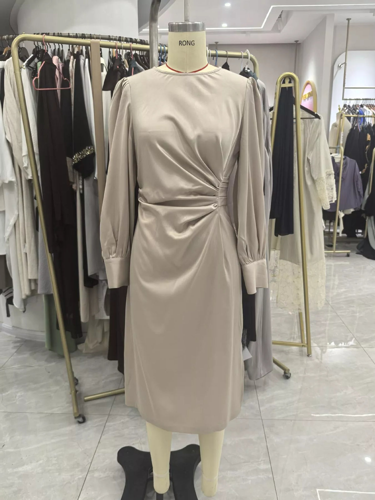 Long Sleeve Satin Ruched Midi Dress in Champagne in Champagne Color