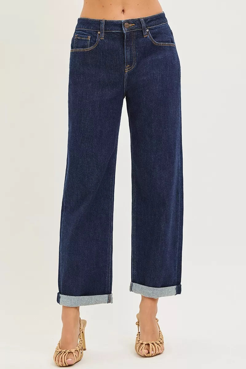 Risen Slouchy Cropped Boyfriend Jeans in Solid Dark