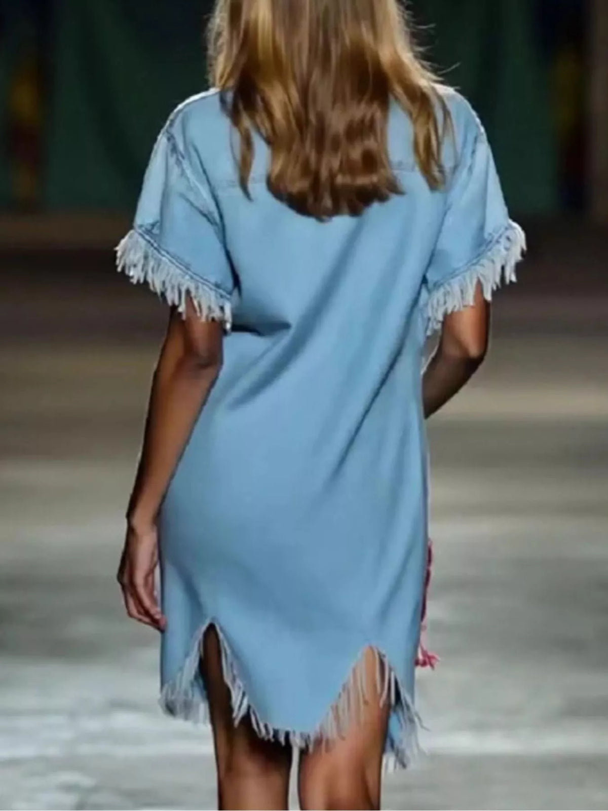 Fringed Button-Front Denim Shirt Dress in Sky Blue