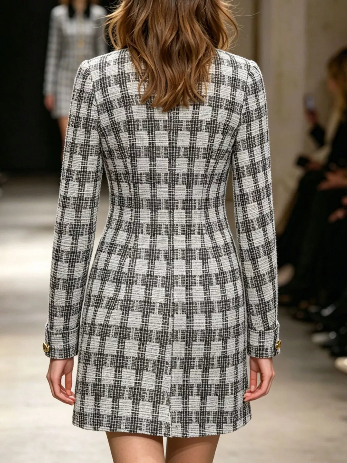 Long Sleeve Plaid Tweed Button-Down Mini Dress in Black