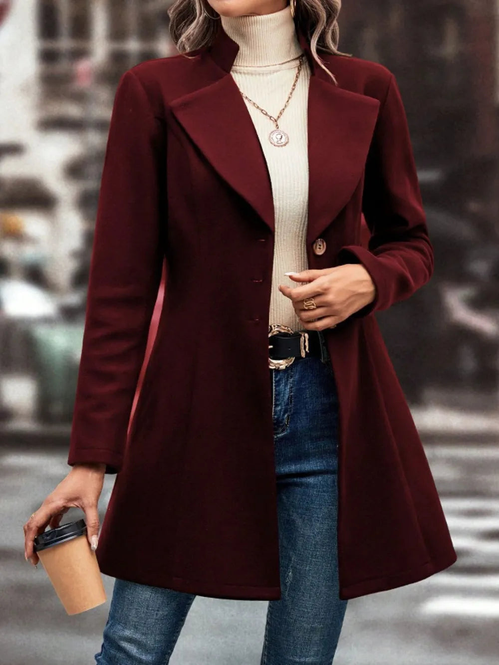 Collared Button-Up Long Sleeve Coat