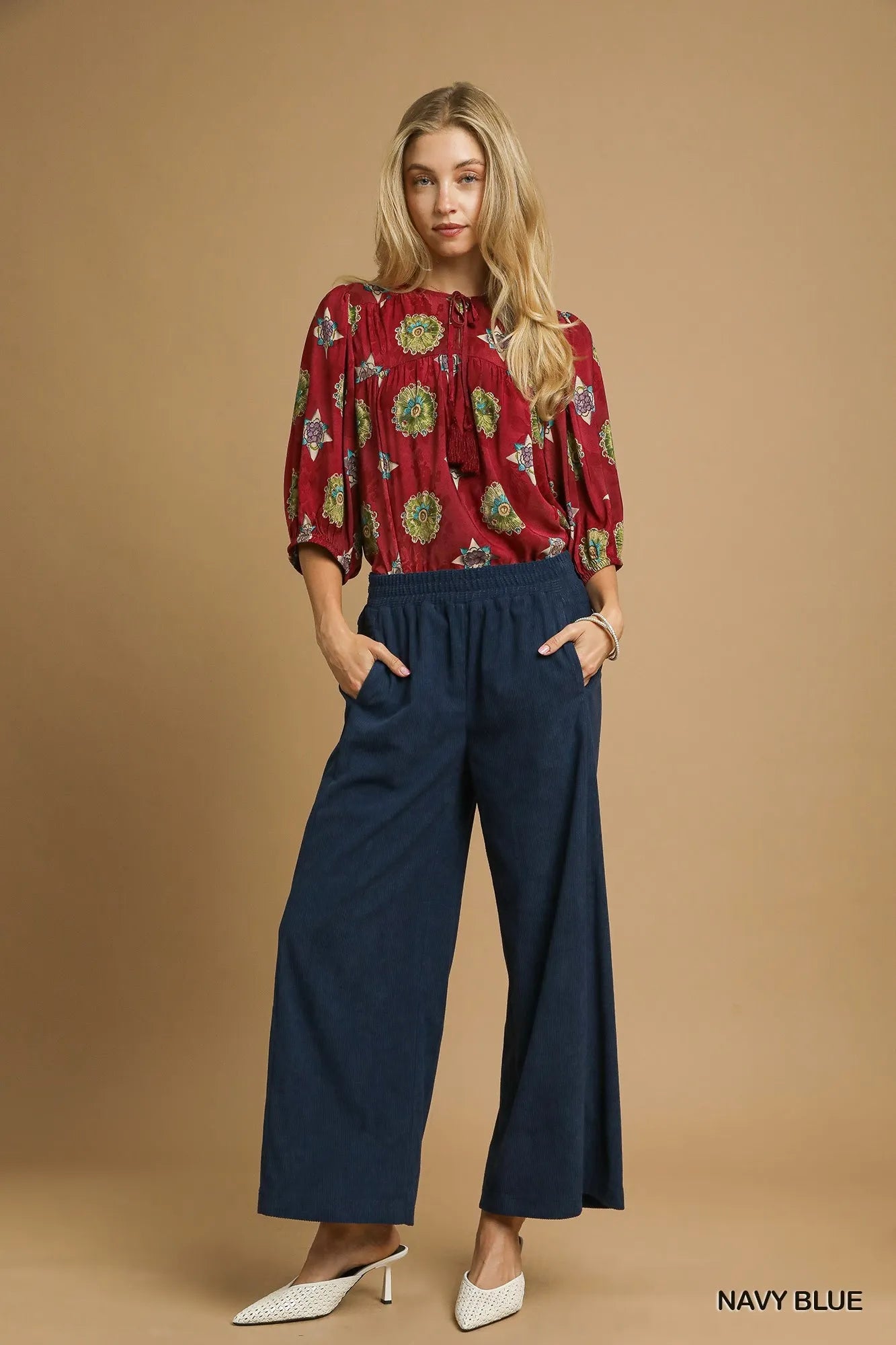 Umgee Wide-Leg Corduroy Pants in Navy Blue