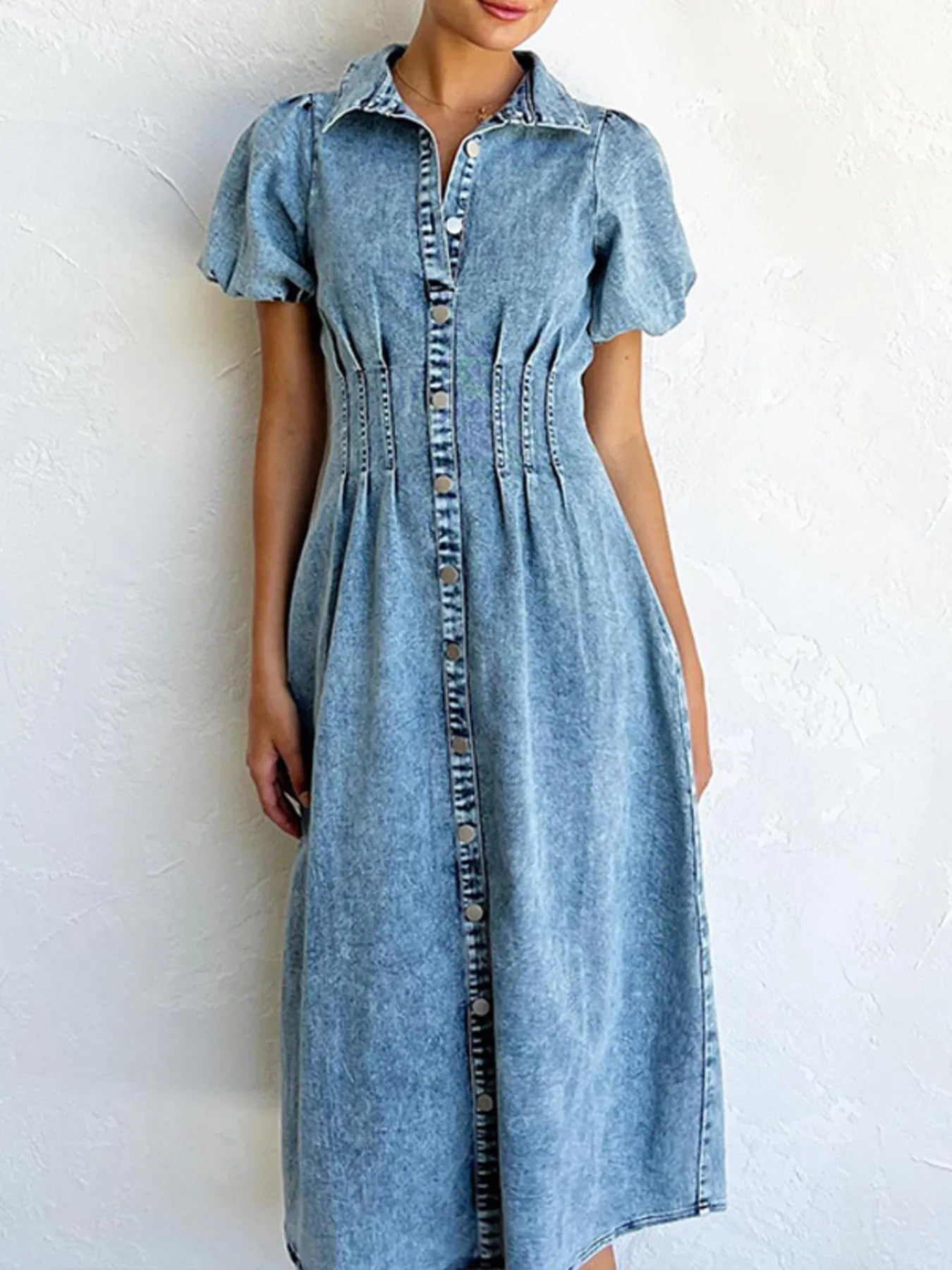 Puff Sleeve Button-Front Denim Midi Dress in Blue