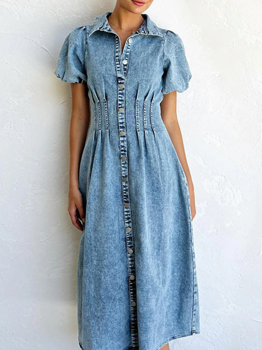 Puff Sleeve Button-Front Denim Midi Dress in Blue