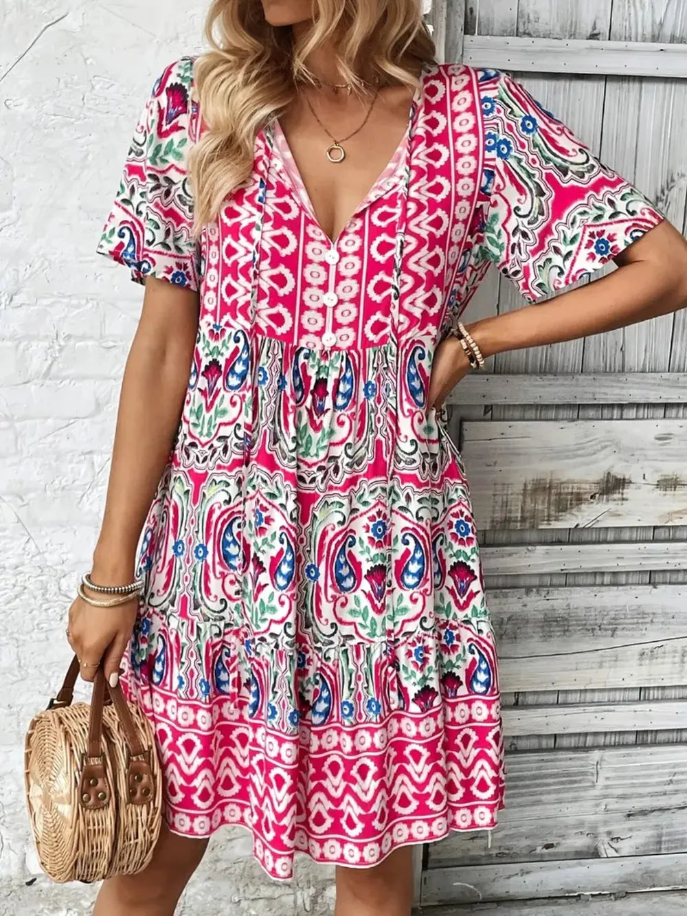 Printed Tie-Neck Short Sleeve Dress