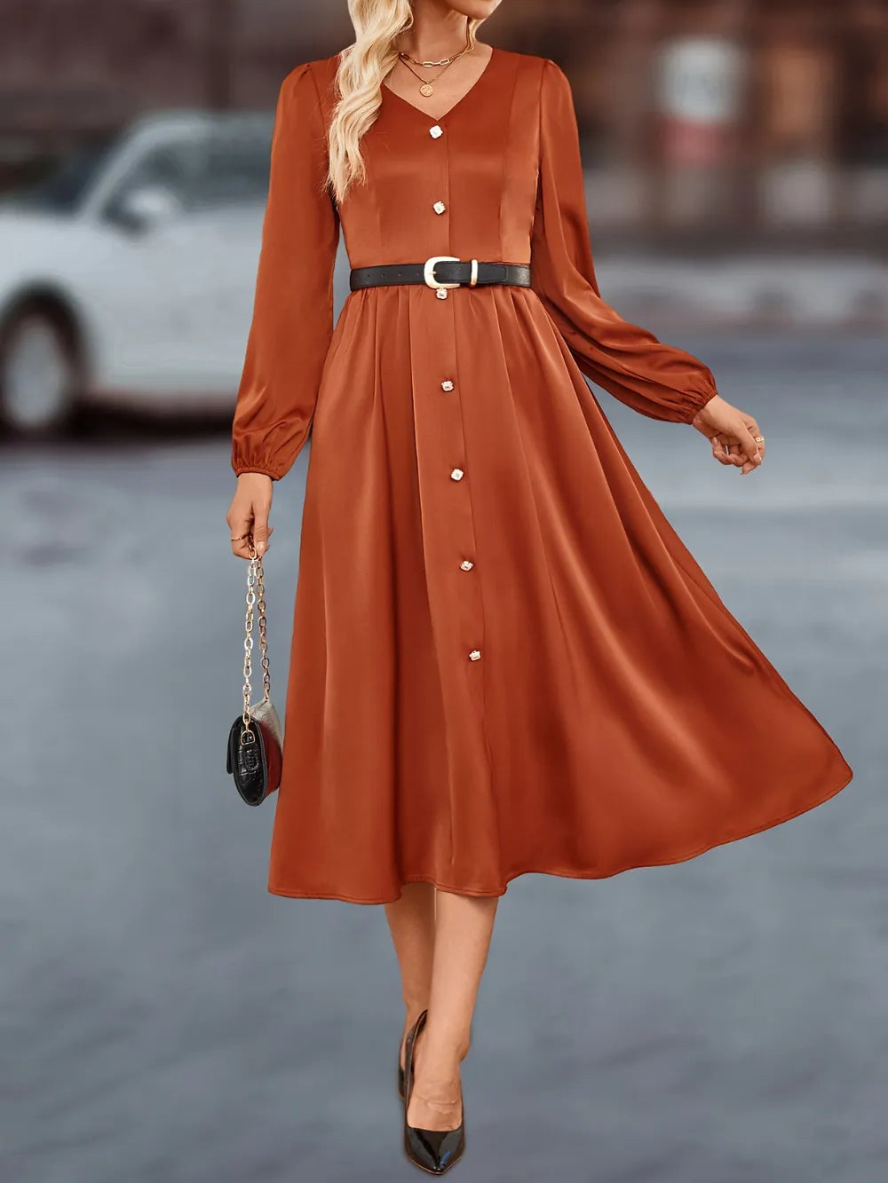 V-Neck Balloon Sleeve Midi Dress in Terracotta