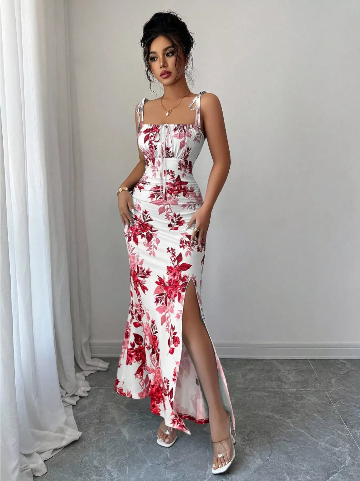 Printed Tie Strap Maxi Dress with Slit
