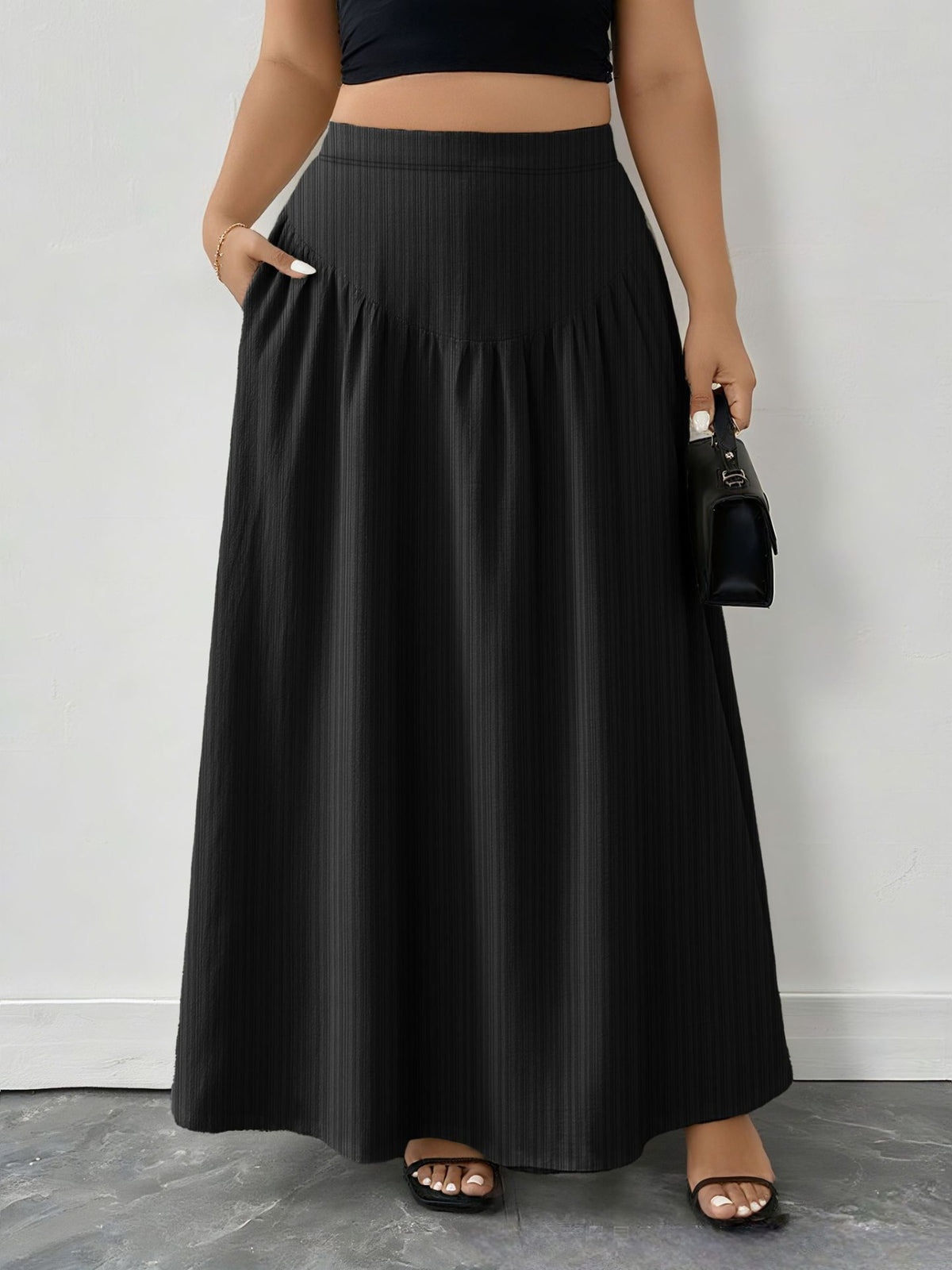 Ruched Maxi Skirt with Pockets in Black