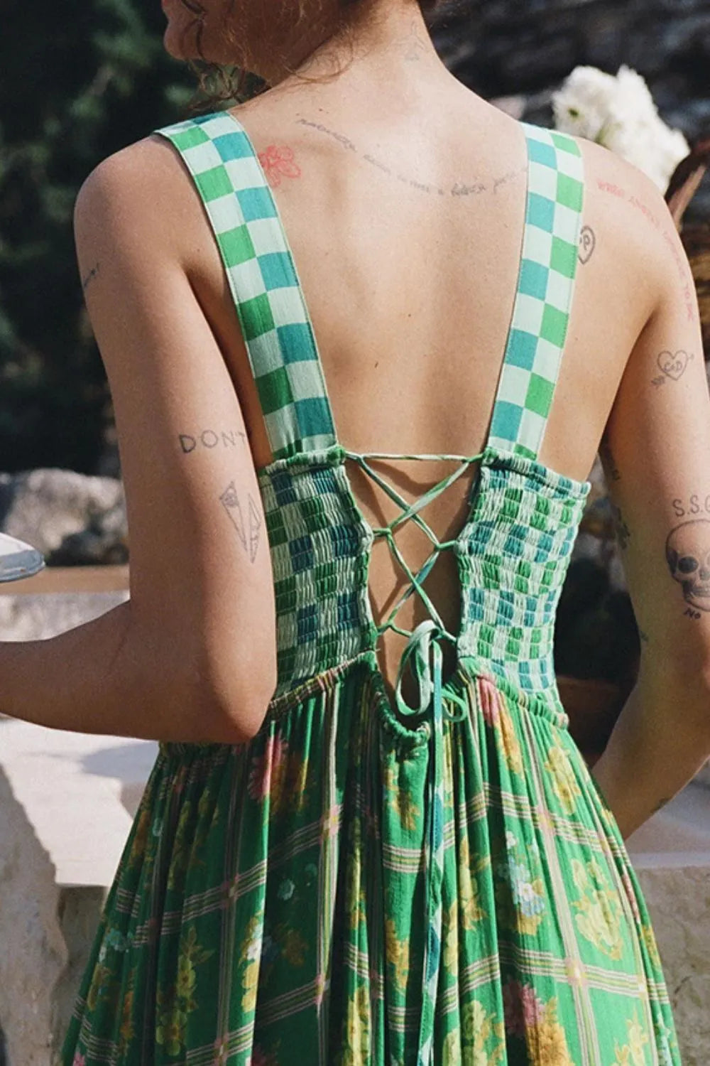 Backless Square Neck Tiered Dress in Green by Shenori