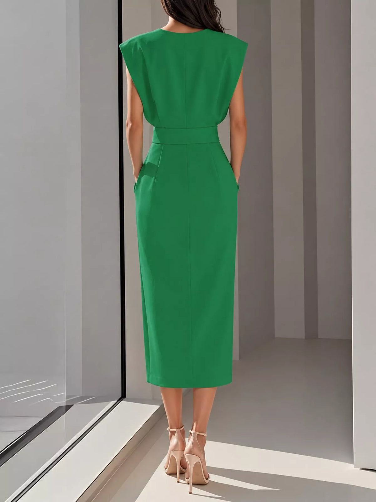 Sleeveless Midi Dress with Gold Button Detail