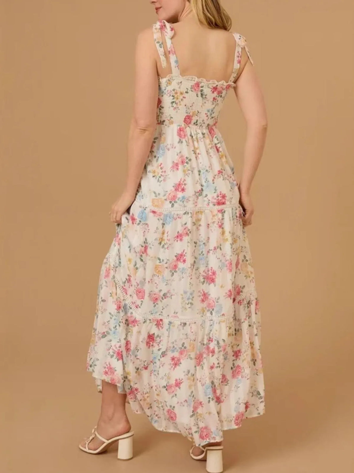 Floral Smocked Tiered Maxi Dress with Tie Straps in Cream
