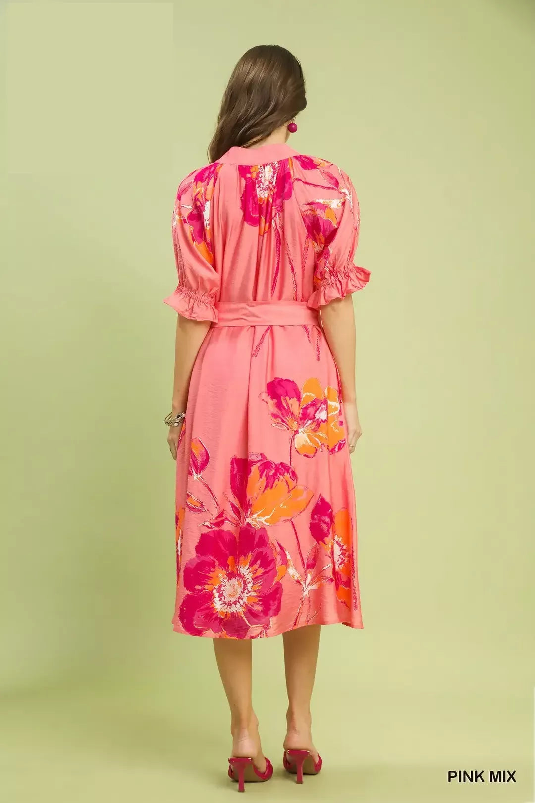 Umgee Belted Floral Flounce Sleeve Midi Dress in Pink Mix in Pinkmix