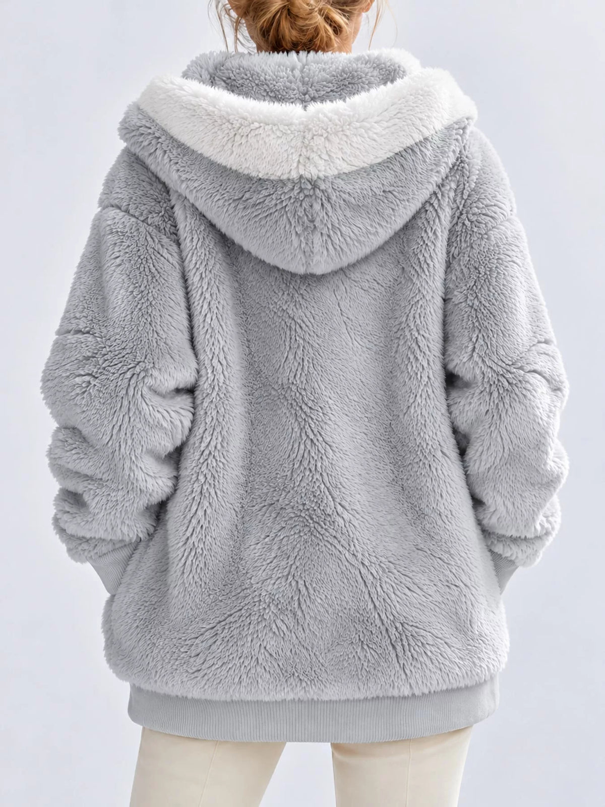 Faux Fur Hooded Zip-Up Jacket in White