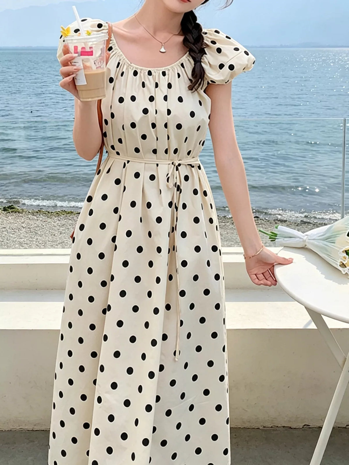 Polka Dot Puff Sleeve Midi Dress in Apricot