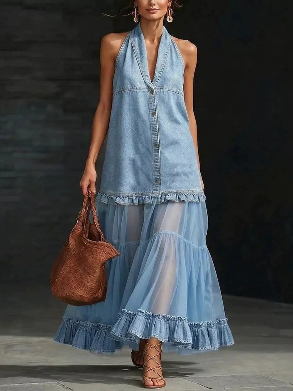 Ruffle Hem Sheer Tulle Denim Dress