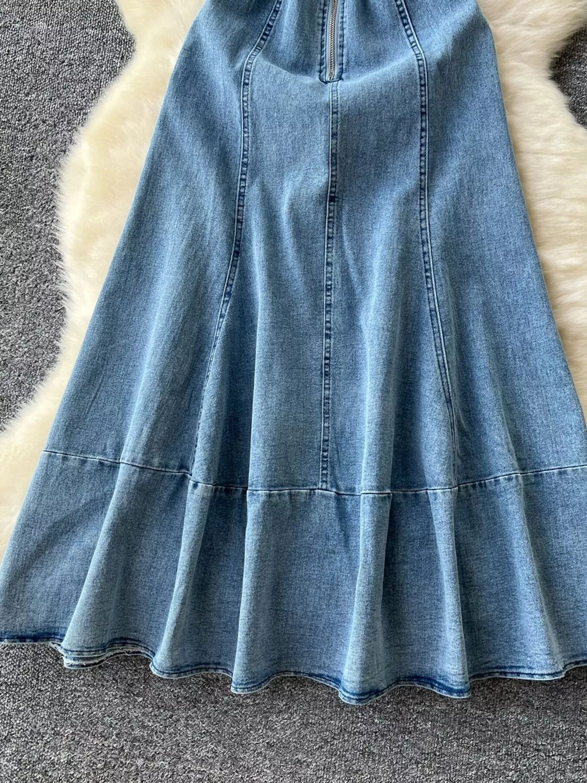 Sleeveless Zip-Front A-Line Denim Dress in Blue