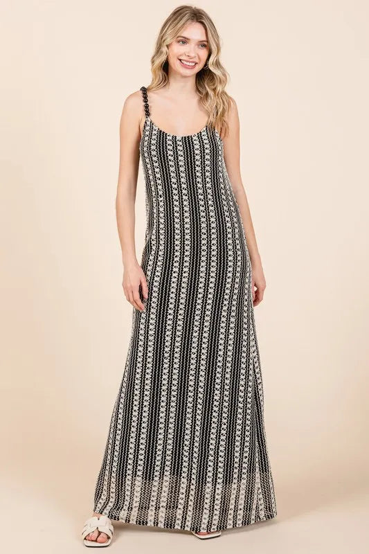 Striped Beaded Strap Maxi Dress in Black
