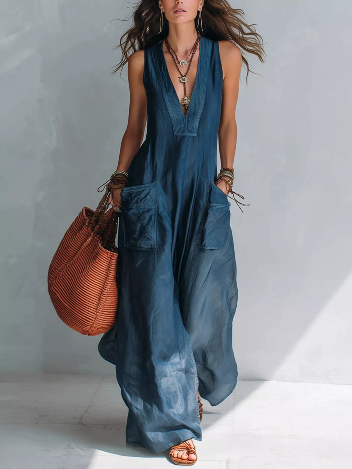 V-Neck Sleeveless Wide Leg Jumpsuit