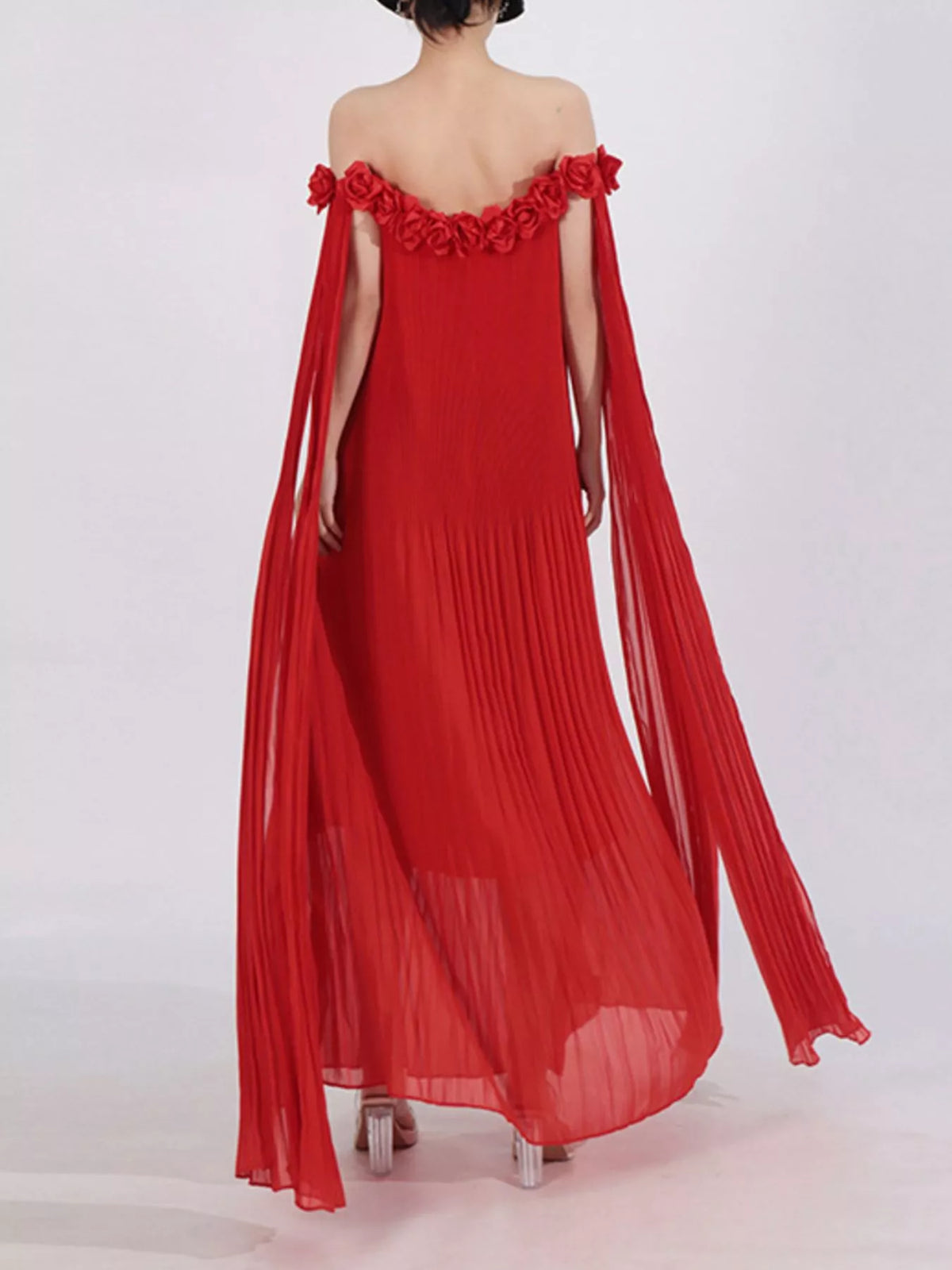 Off-Shoulder Pleated Floral Maxi Dress