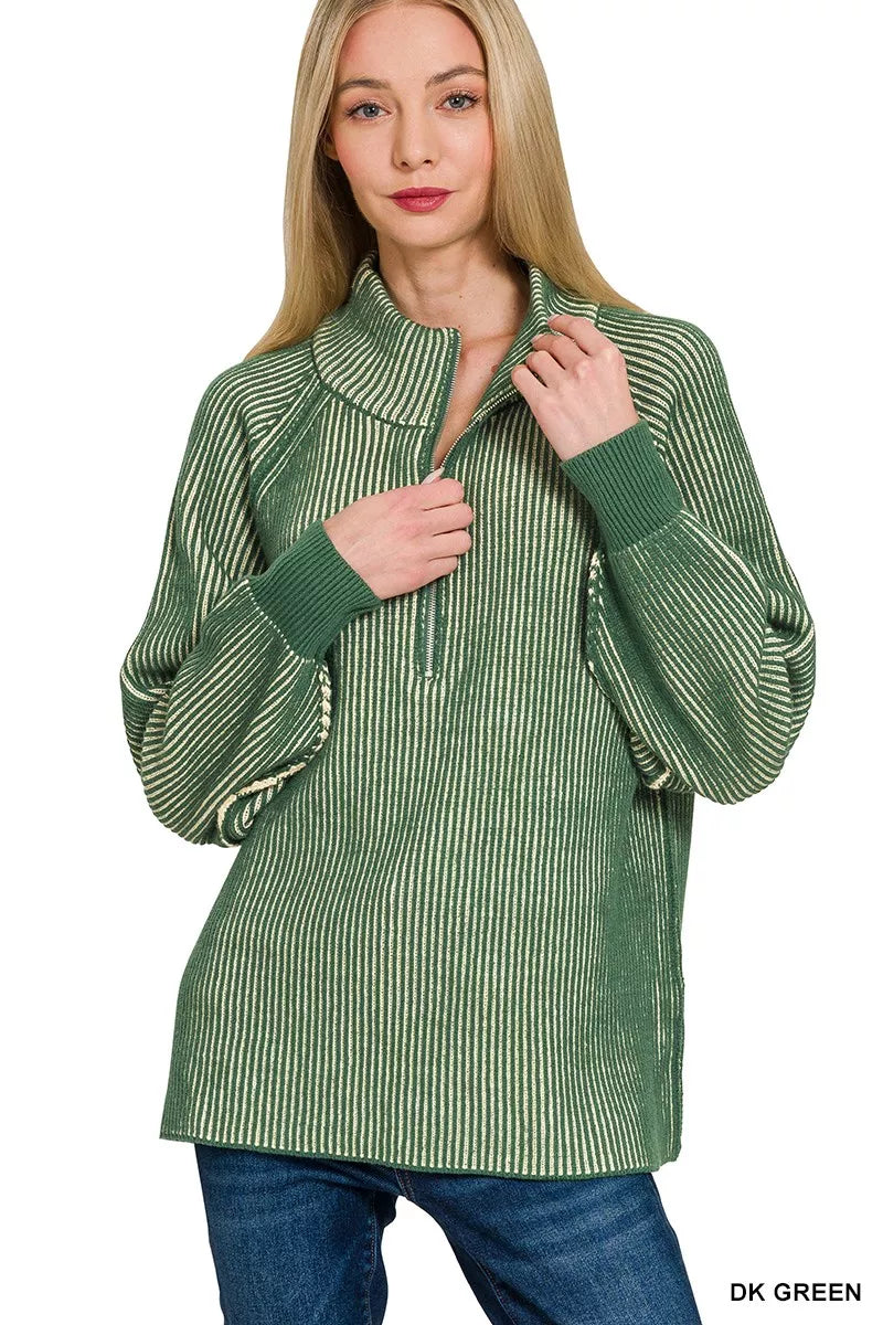 Zenana Ribbed Two-Tone Half Zip Sweater in Dark Green in Dk green