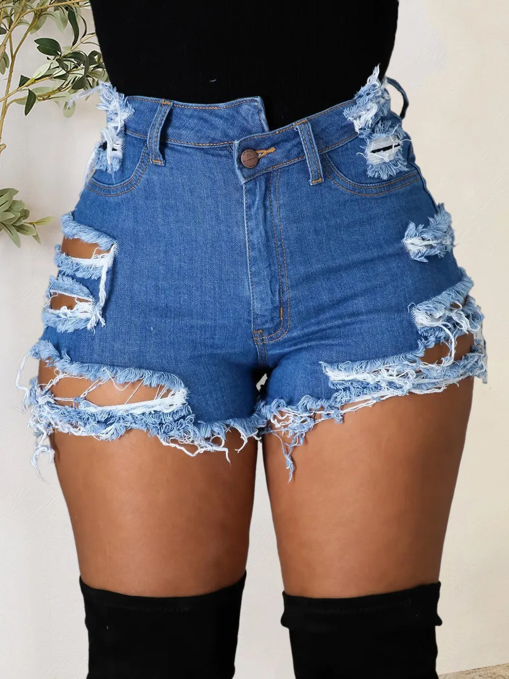 Distressed Raw Hem Denim Shorts with Pockets by DE.C.H & K.M