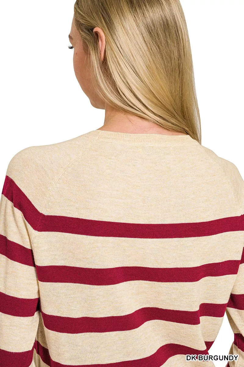 Zenana Striped Round Neck Sweater in Dark Burgundy in Dk burgundy