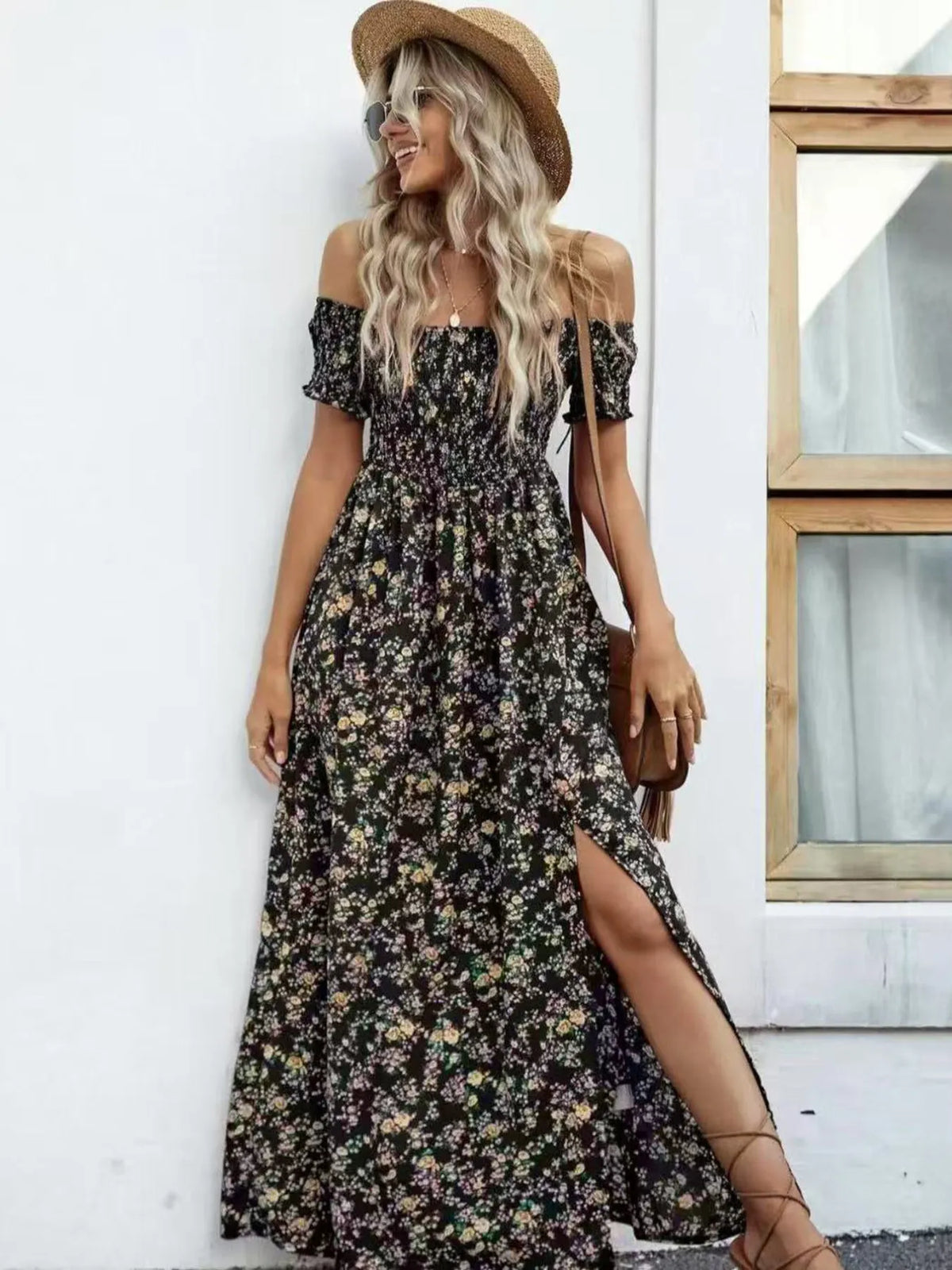 Off-Shoulder Smocked Floral Midi Dress