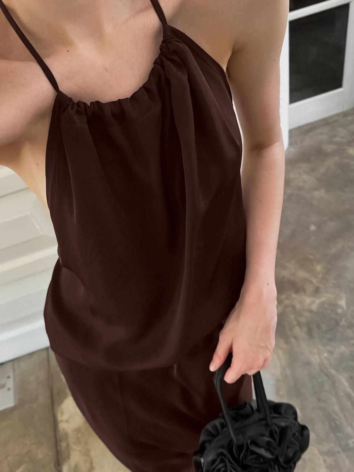 Backless Halter Maxi Dress in Brown