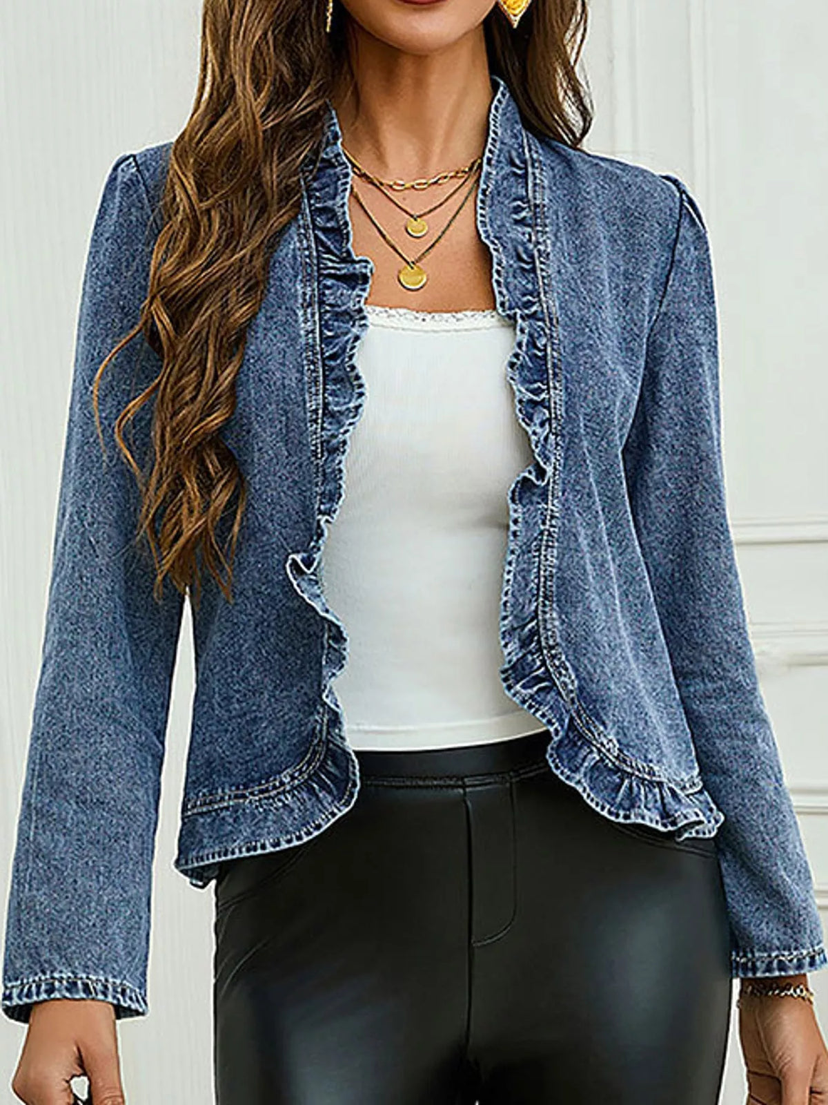 Open-Front Ruffled Trim Denim Jacket in Blue in Blue-Denim Jacket