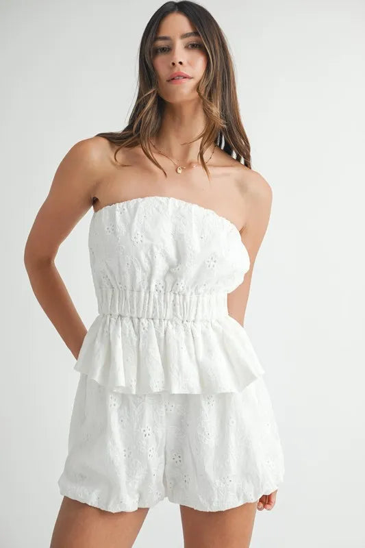 Floral Eyelet Lace Tube Top and Shorts Set in Off White