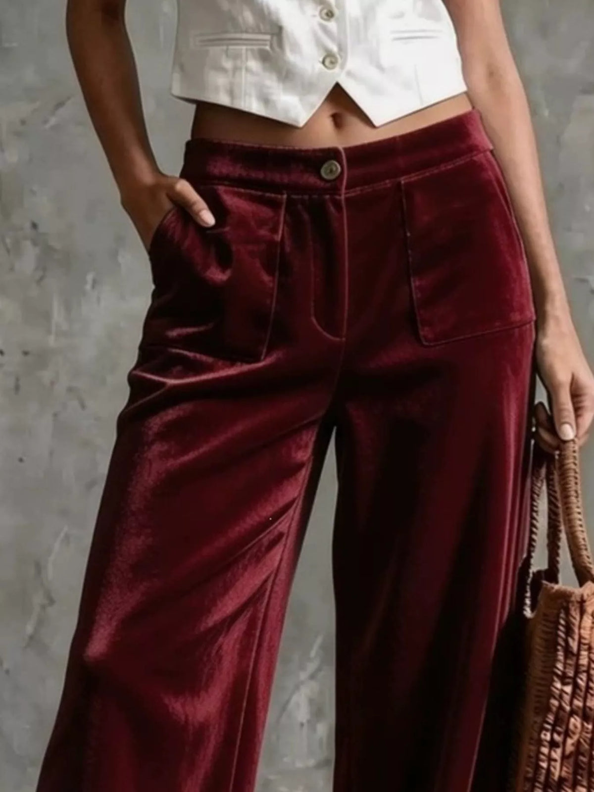 High-Waisted Wide-Leg Velvet Pants with Front Pockets