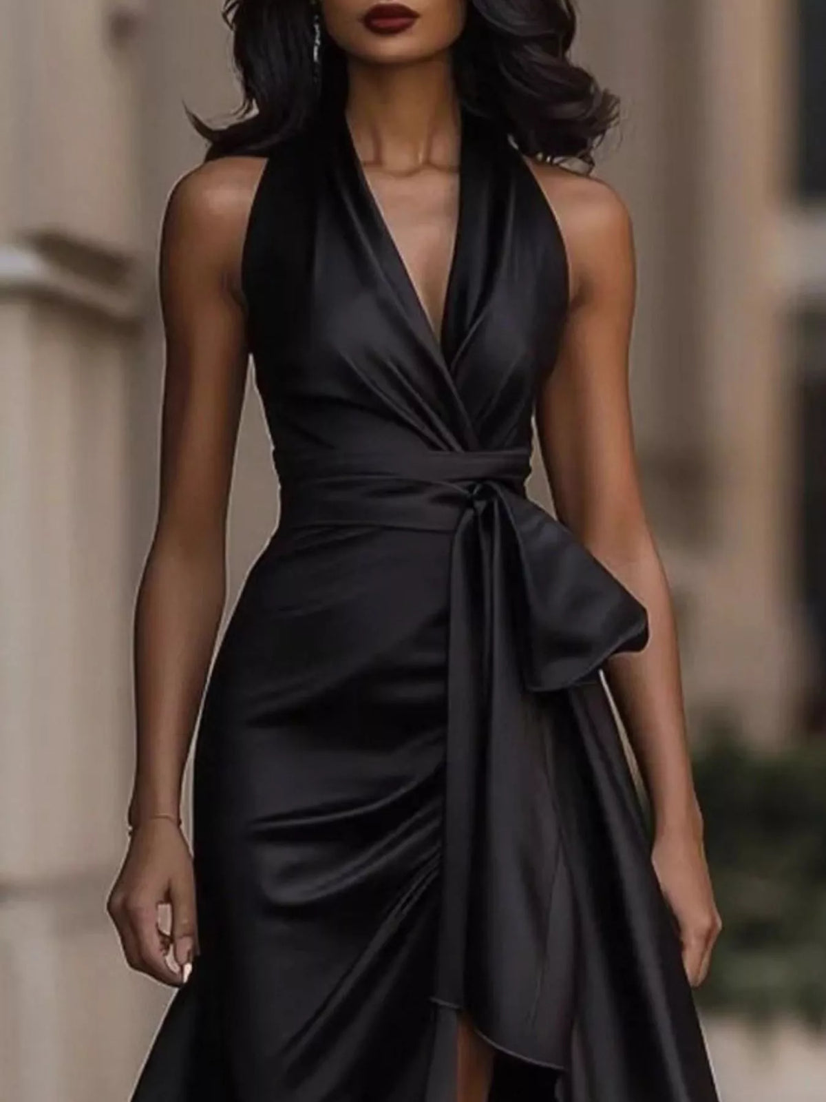 High-Low Ruffled Satin Maxi Dress
