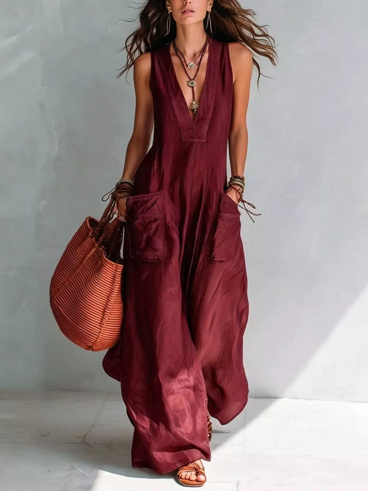 V-Neck Sleeveless Wide Leg Jumpsuit