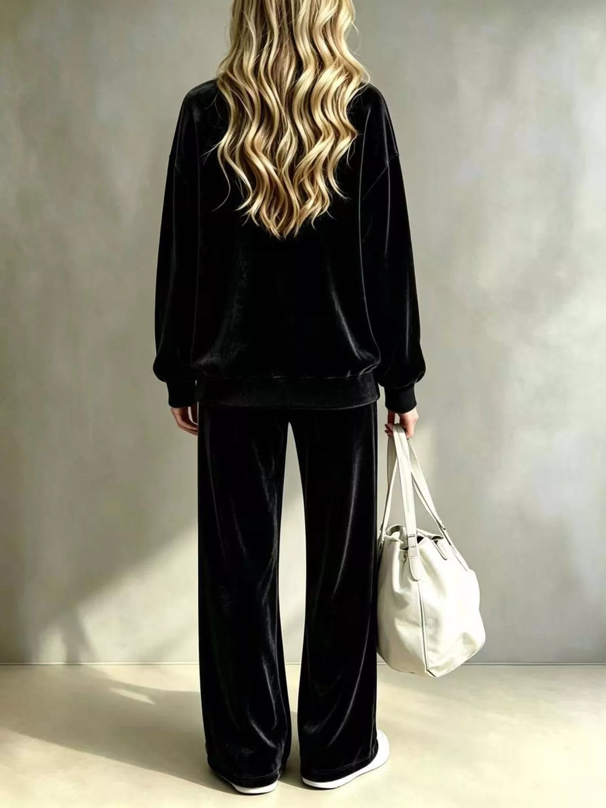 Dropped Shoulder Velvet Top and Wide Leg Pants Set