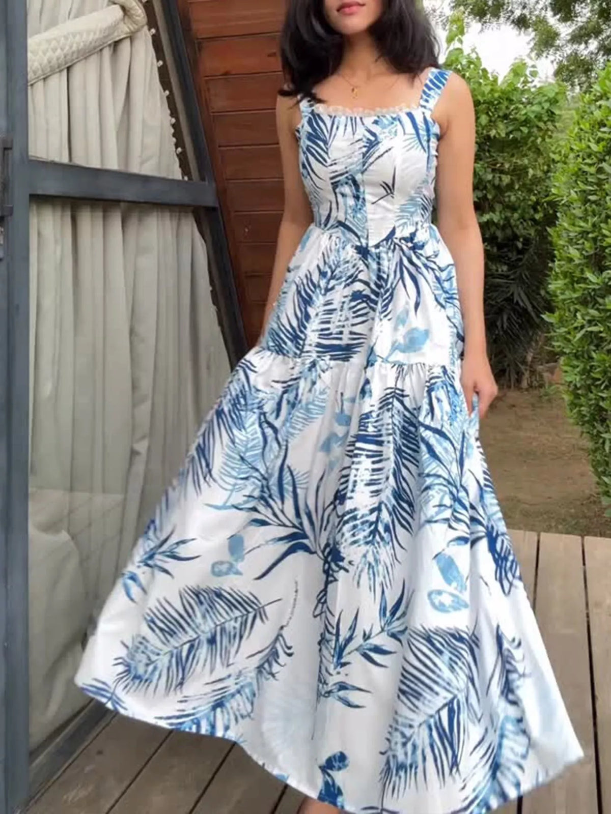 Tropical Print Tiered Maxi Dress in Blue