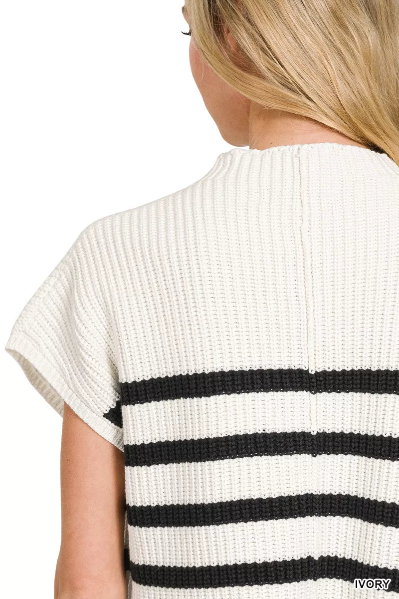 Zenana Striped Short Sleeve Sweater in Ivory