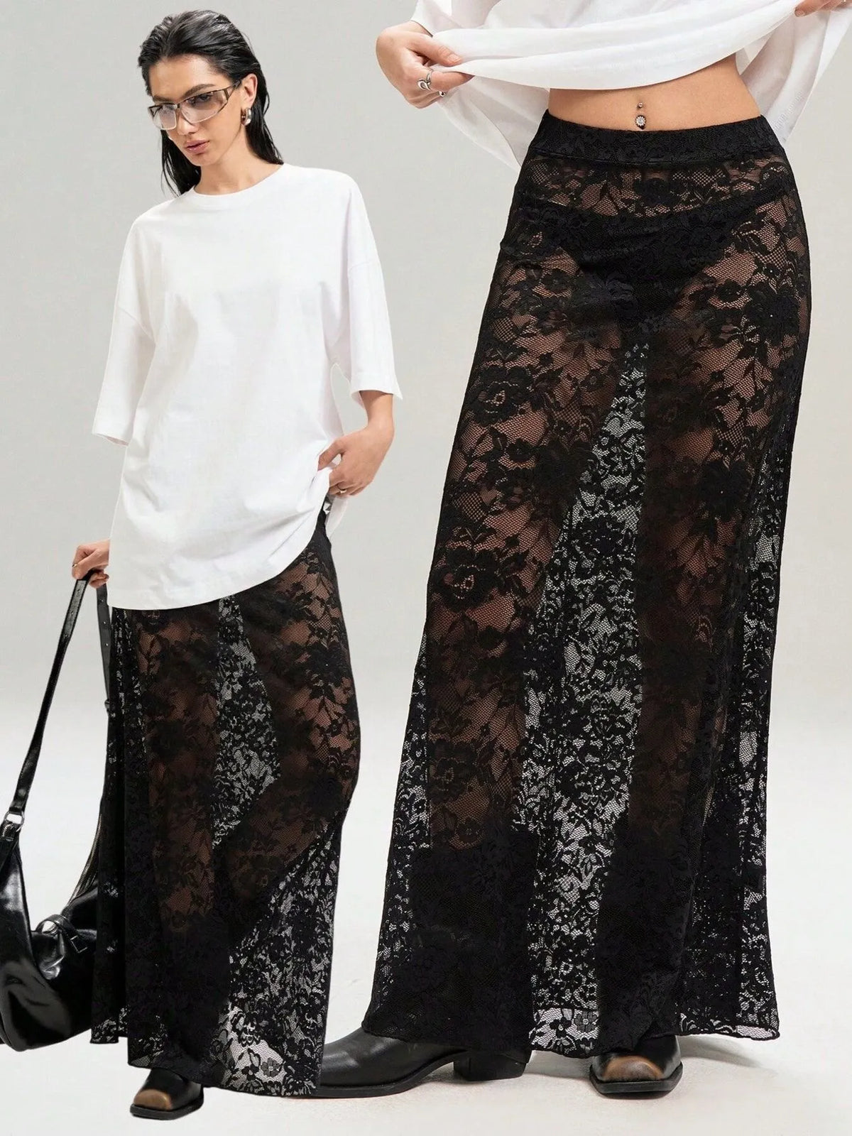 Sheer Lace Maxi Skirt in Black