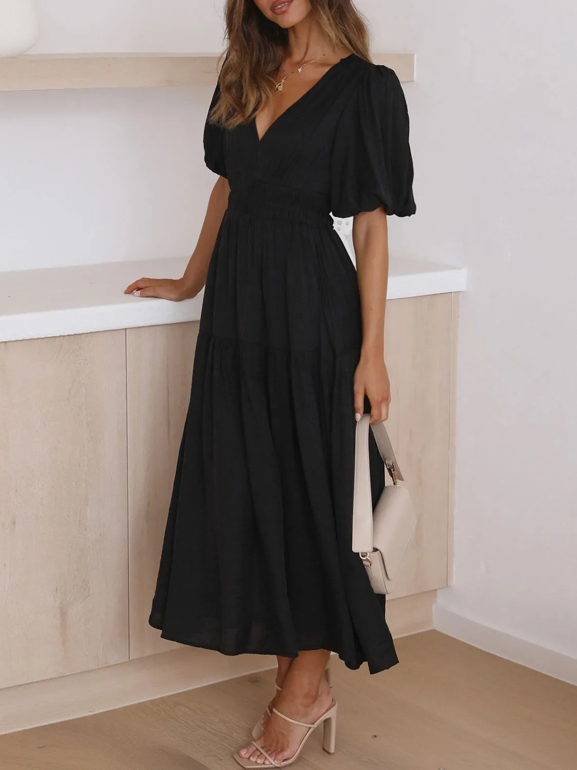 V-Neck Puff Sleeve Ruched Midi Dress