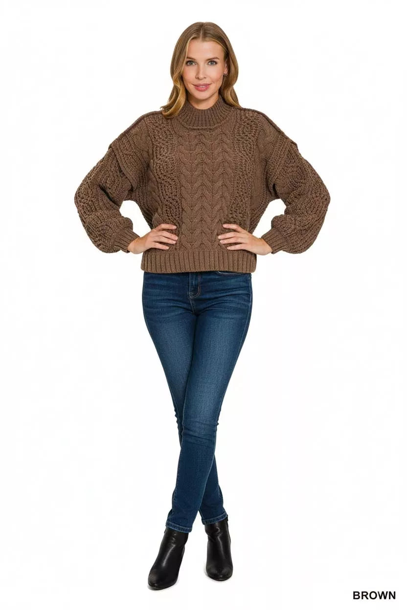 Zenana Cable-Knit Ribbed Turtleneck Sweater in Brown