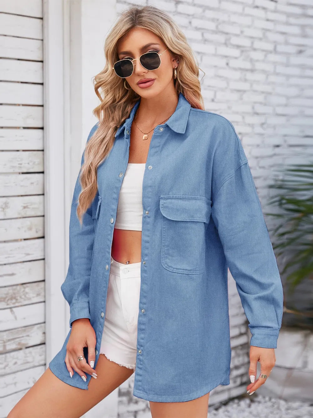Pocketed Dropped Shoulder Denim Shacket by Manny