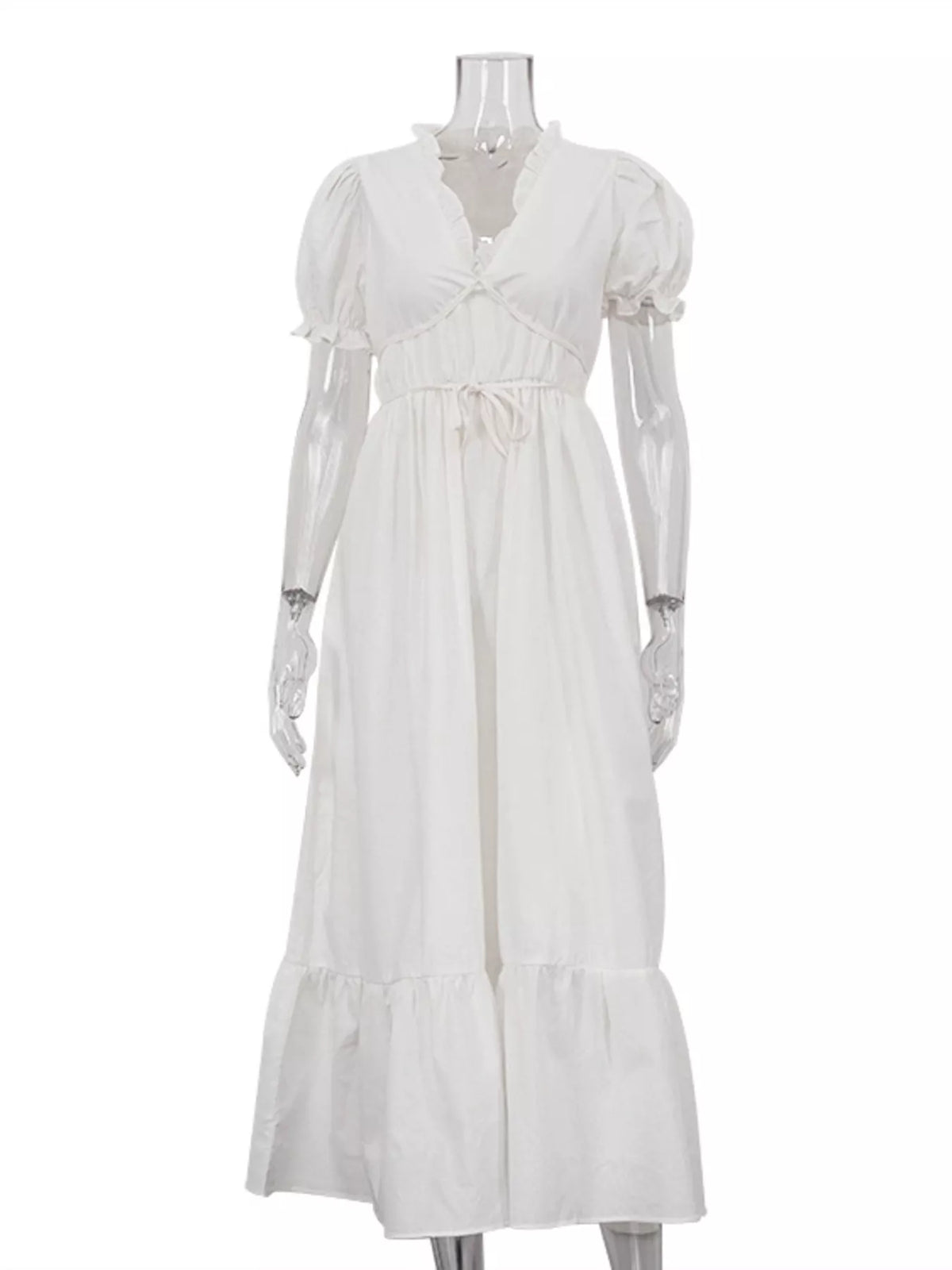Tie Waist Puff Sleeve Maxi Dress with Frill Detail