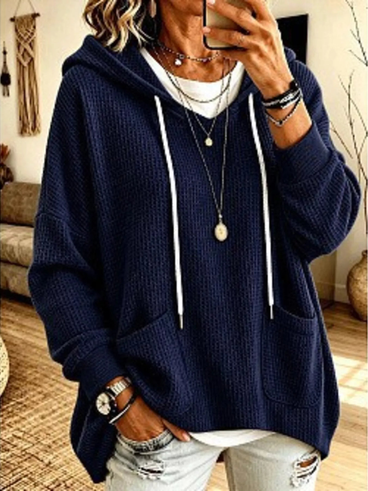 Waffle Knit Hoodie with Pockets
