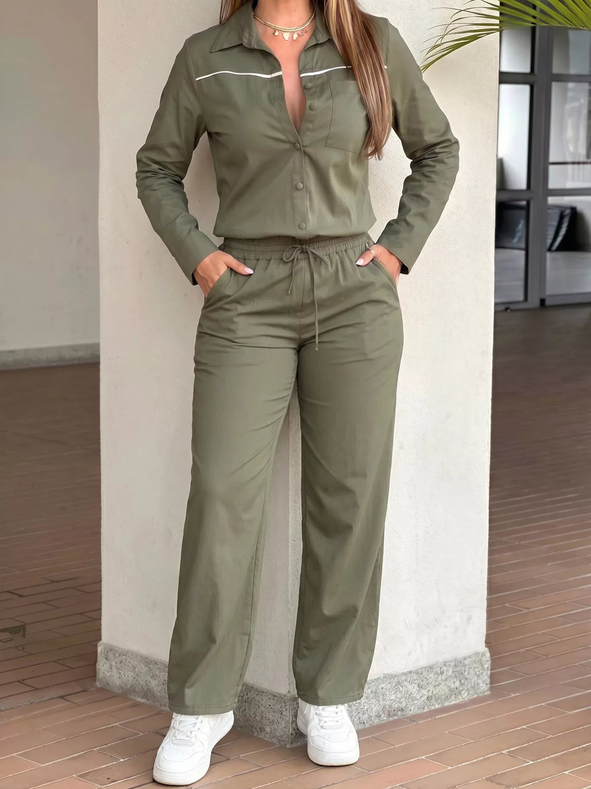 Button Front Drawstring Waist Jumpsuit in Army Green